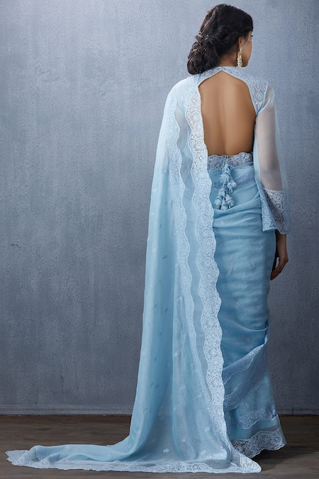 Shop Torani Blue Organza, Chanderi Handwoven Saree at Aza Fashions Shop_Torani_Blue Organza, Chanderi Handwoven Saree _at_Aza_Fashions