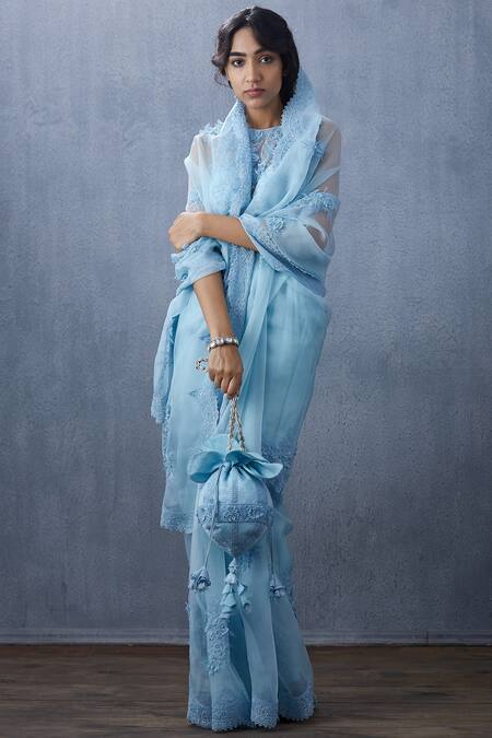 Torani_Blue Organza Embroidered Saree _Online_at_Aza_Fashions