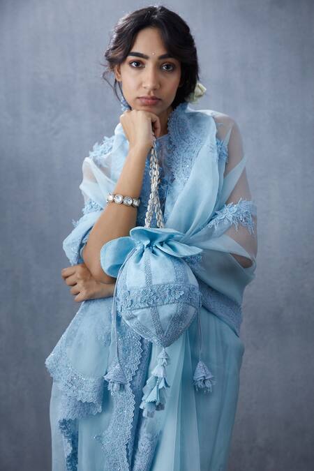 Buy_Torani_Blue Organza Embroidered Saree _Online_at_Aza_Fashions