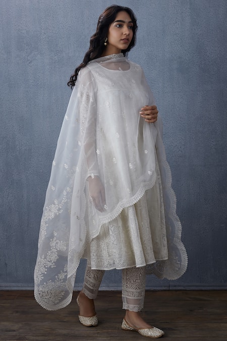 Torani White Embroidered Organza Dupatta