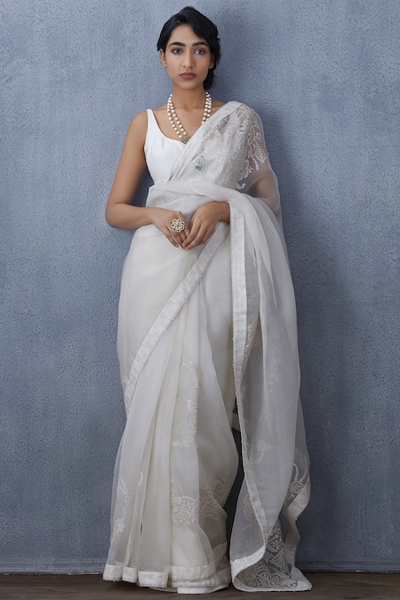 Torani White Embroidered Organza Saree