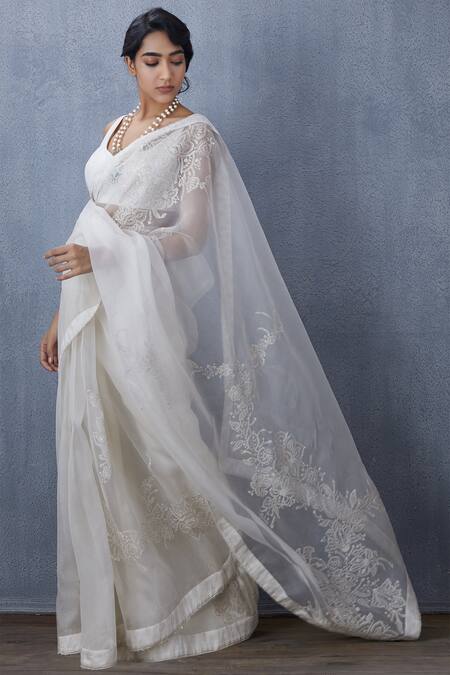 Torani_White Embroidered Organza Saree_Online_at_Aza_Fashions