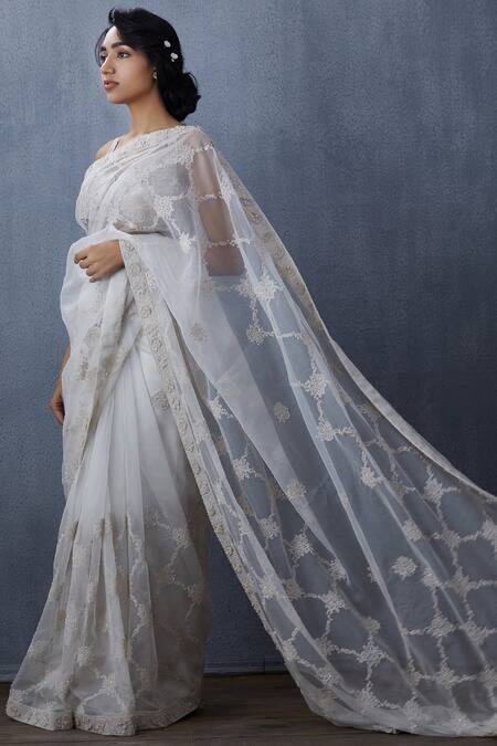 Torani_White Organza Embroidered Saree _Online_at_Aza_Fashions
