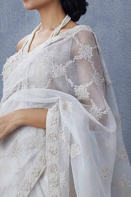 Buy_Torani_White Organza Embroidered Saree _Online_at_Aza_Fashions