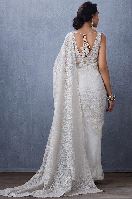 Shop Torani White Tulle Embroidered Saree at Aza Fashions Shop_Torani_White Tulle Embroidered Saree _at_Aza_Fashions