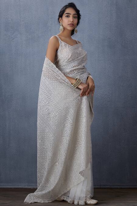 Torani White Tulle Embroidered Saree Online at Aza Fashions Torani_White Tulle Embroidered Saree _Online_at_Aza_Fashions