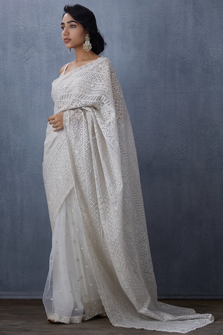 Torani White Tulle Embroidered Saree