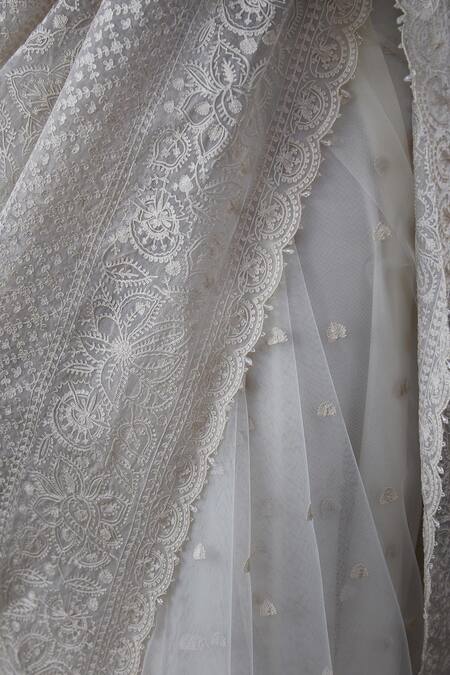 Torani White Tulle Embroidered Saree at Aza Fashions Torani_White Tulle Embroidered Saree _at_Aza_Fashions