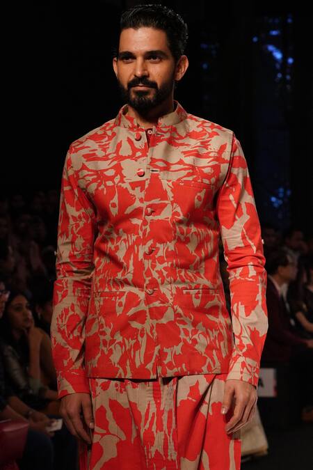 Dev R Nil_Beige Dola Silk Printed Nehru Jacket And Kurta Set_Online_at_Aza_Fashions