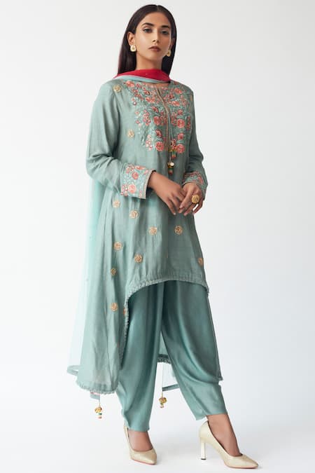 Aditi Somani Blue Cotton Silk V Neck Embroidered Kurta Dhoti Pant Set 