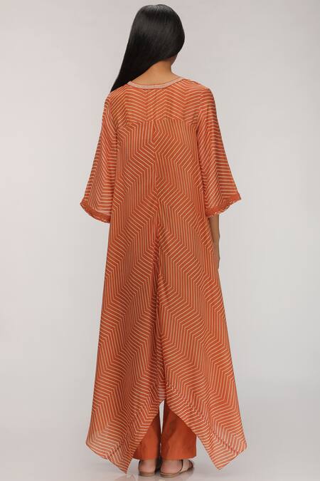 Shop_Myoho_Orange Cotton Silk Embroidered Asymmetric Kurta_at_Aza_Fashions