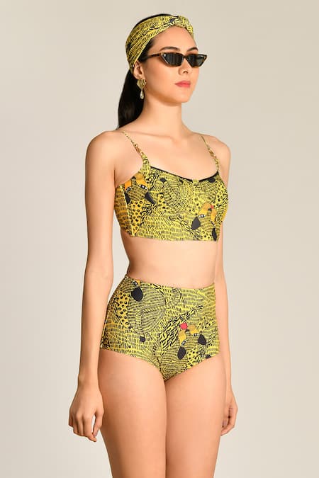 Shivan & Narresh Yellow Italian Jersey Printed Bikini Set