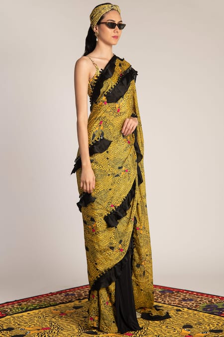 Shivan & Narresh Yellow Crepe Pre-stitched Ruffle Saree