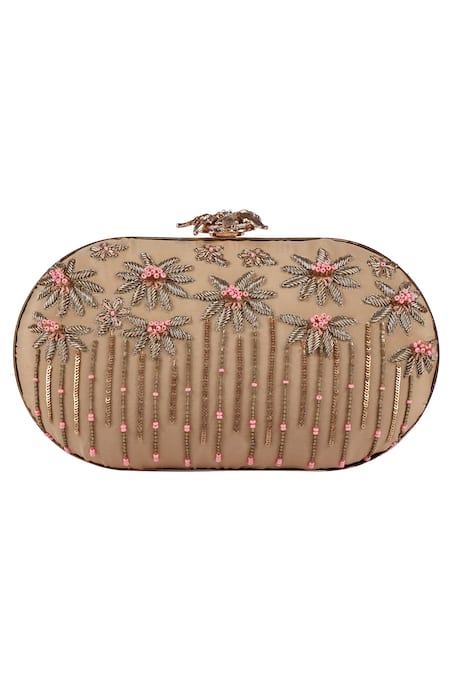 Durvi Beige Embroidered Embellished Oval Clutch 