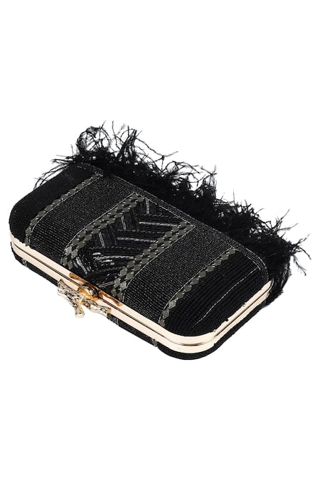 Shop_Durvi_Black Embroidered Geometric Bead Work Box Clutch _at_Aza_Fashions