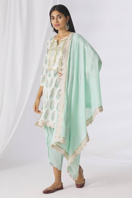 Amrita Artisanal Clothing_White Mul Mul Embellished Kurta Dhoti Pant Set_Online_at_Aza_Fashions