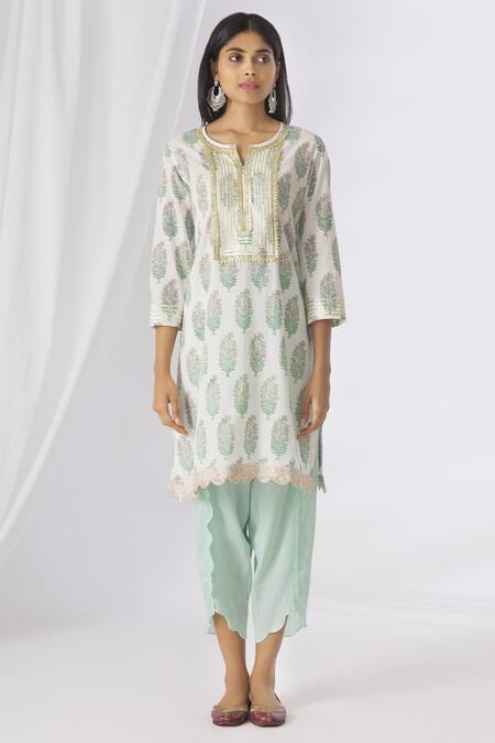 Buy_Amrita Artisanal Clothing_White Mul Mul Embellished Kurta Dhoti Pant Set_Online_at_Aza_Fashions