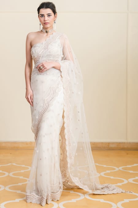 Tarun Tahiliani White Tulle Asymmetric Embroidered Saree With Blouse 