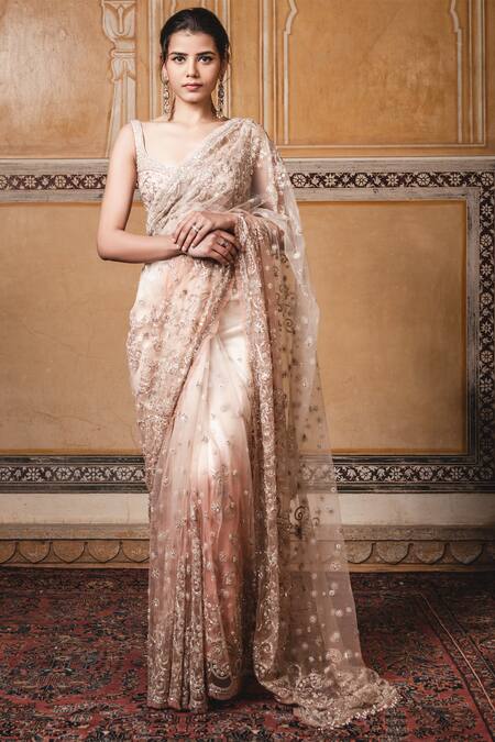 Tarun Tahiliani Peach Tulle Leaf Neck Embroidered Saree With Blouse 