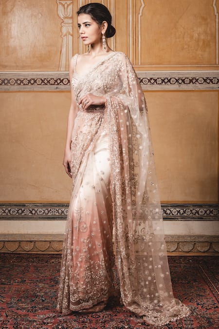 Tarun Tahiliani_Peach Tulle Leaf Neck Embroidered Saree With Blouse _Online_at_Aza_Fashions