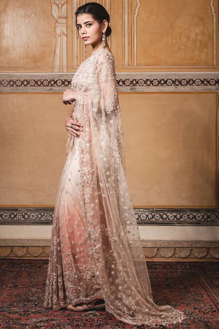 Buy_Tarun Tahiliani_Peach Tulle Leaf Neck Embroidered Saree With Blouse _Online_at_Aza_Fashions