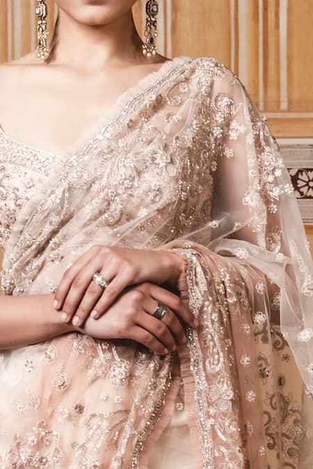 Shop_Tarun Tahiliani_Peach Tulle Leaf Neck Embroidered Saree With Blouse _Online_at_Aza_Fashions