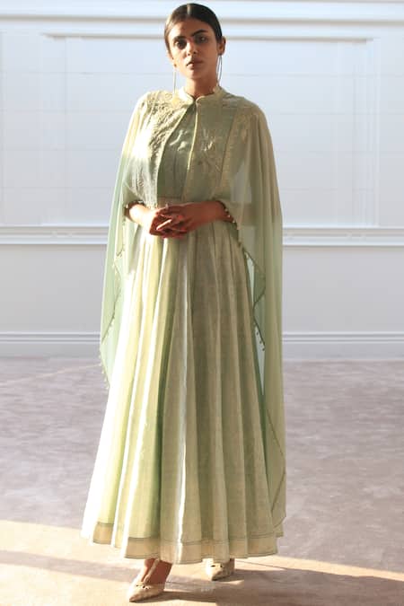 Buy Green Chanderi Mandarin Collar Chikankari Anarkali Set For