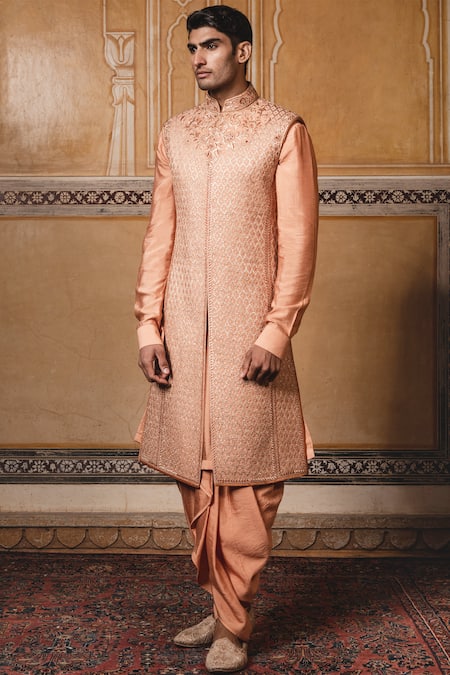 Tarun Tahiliani Peach Katan Silk Embroidered Sherwani Dhoti Pant Set 