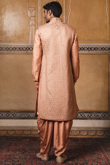 Shop Tarun Tahiliani Peach Katan Silk Embroidered Sherwani Dhoti Pant Set at Aza Fashions Shop_Tarun Tahiliani_Peach Katan Silk Embroidered Sherwani Dhoti Pant Set _at_Aza_Fashions