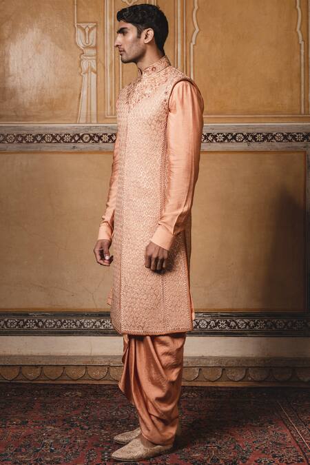 Tarun Tahiliani Peach Katan Silk Embroidered Sherwani Dhoti Pant Set Online at Aza Fashions Tarun Tahiliani_Peach Katan Silk Embroidered Sherwani Dhoti Pant Set _Online_at_Aza_Fashions