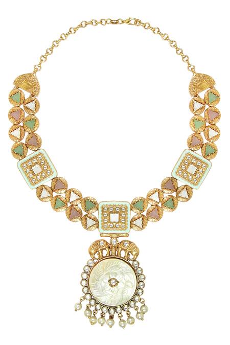 Buy Hrisha Gold Plated Beads, Stones Pendent Necklace Set Online at Aza Fashions Buy_Hrisha_Gold Plated Beads, Stones Pendent Necklace Set_Online_at_Aza_Fashions