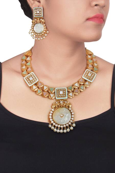 Shop Hrisha Gold Plated Beads, Stones Pendent Necklace Set at Aza Fashions Shop_Hrisha_Gold Plated Beads, Stones Pendent Necklace Set_at_Aza_Fashions