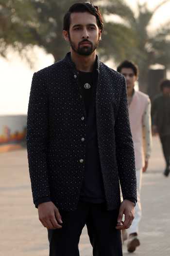 Shop Kunal Rawal Blue Suiting Embellished Bandhgala Pant Set at Aza Fashions Shop_Kunal Rawal_Blue Suiting Embellished Bandhgala Pant Set _at_Aza_Fashions
