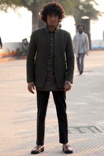Buy Kunal Rawal Green Denim Textured Bandhgala Kurta Set at Aza Fashions Buy_Kunal Rawal_Green Denim Textured Bandhgala Kurta Set _at_Aza_Fashions