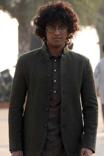 Shop Kunal Rawal Green Denim Textured Bandhgala Kurta Set at Aza Fashions Shop_Kunal Rawal_Green Denim Textured Bandhgala Kurta Set _at_Aza_Fashions