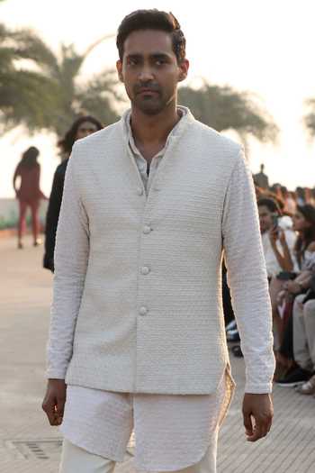 Shop Kunal Rawal White Chanderi Silk Bandhgala Pant Set at Aza Fashions Shop_Kunal Rawal_White Chanderi Silk Bandhgala Pant Set _at_Aza_Fashions