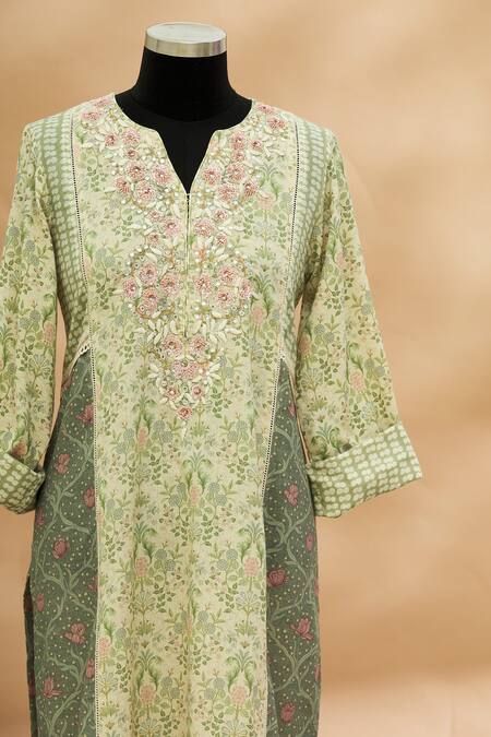 Aditi Beriwala Green Cotton Round Floral Print Kurta Online at Aza Fashions Aditi Beriwala_Green Cotton Round Floral Print Kurta _Online_at_Aza_Fashions