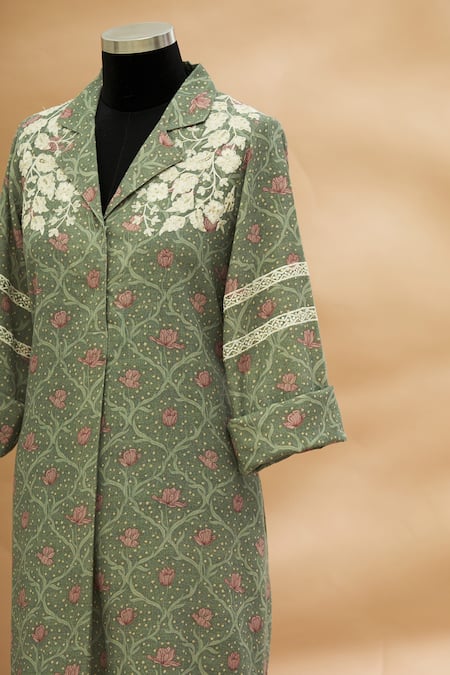Aditi Beriwala_Green Cotton Lapel Printed Tunic  _Online_at_Aza_Fashions