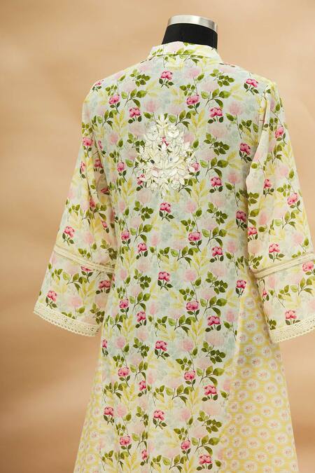 Buy_Aditi Beriwala_White Cotton Mandarin Collar Printed Asymmetric Kurta  _Online_at_Aza_Fashions