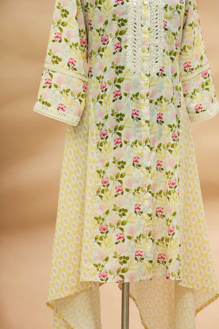 Shop_Aditi Beriwala_White Cotton Mandarin Collar Printed Asymmetric Kurta  _Online_at_Aza_Fashions