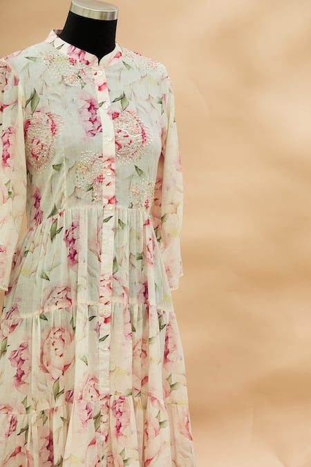 Aditi Beriwala_White Cotton Mandarin Collar Printed Maxi Dress _Online_at_Aza_Fashions