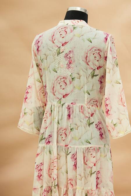 Buy_Aditi Beriwala_White Cotton Mandarin Collar Printed Maxi Dress _Online_at_Aza_Fashions