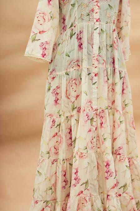 Shop_Aditi Beriwala_White Cotton Mandarin Collar Printed Maxi Dress _Online_at_Aza_Fashions