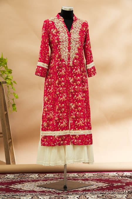 Red Embroidery Work Naira Cut Indian Handmade Women Kurti Pant And Dupatta  Dress | eBay