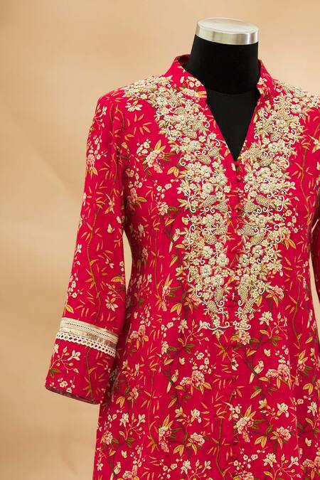 Aditi Beriwala Red Band Collar Printed Kurta With Inner Online at Aza Fashions Aditi Beriwala_Red Band Collar Printed Kurta With Inner _Online_at_Aza_Fashions