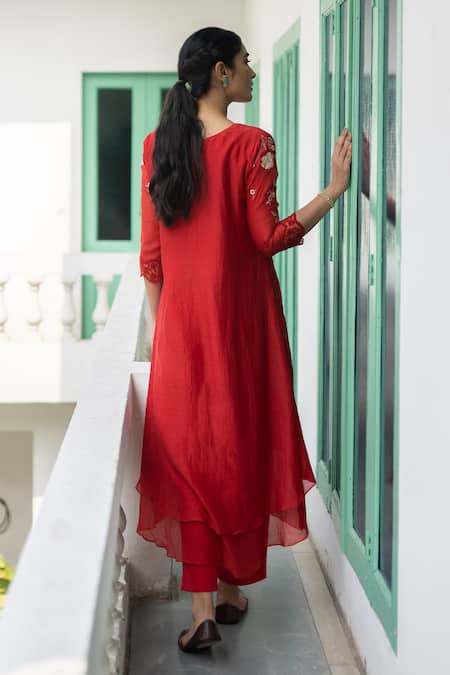 Fancy Printed A-Line Kurti In Red Color