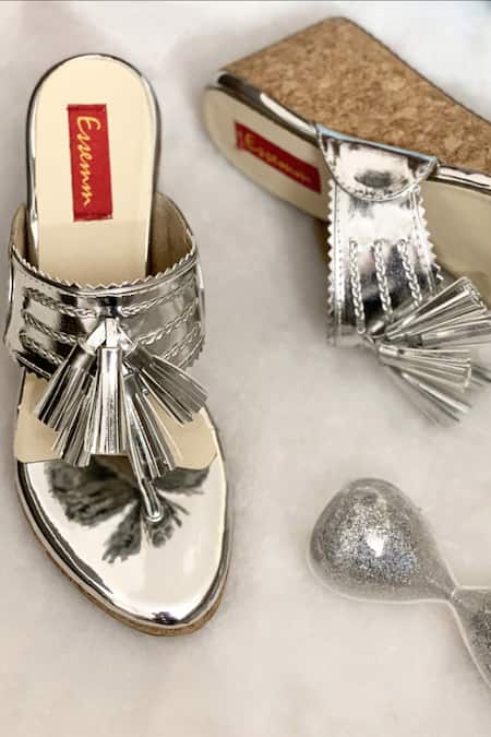Essemm Silver Kolhapuri Tassel Wedges 