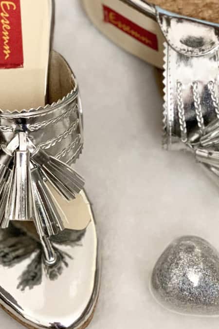 Shop Essemm Silver Kolhapuri Tassel Wedges at Aza Fashions Shop_Essemm_Silver Kolhapuri Tassel Wedges _at_Aza_Fashions