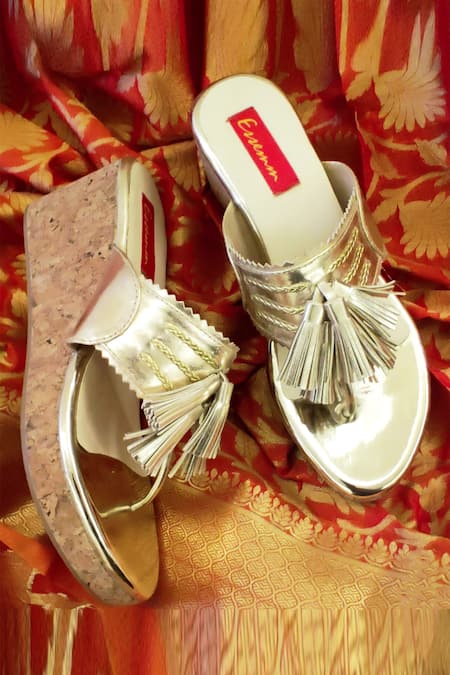 Essemm Gold Kolhapuri Tassel Wedges 