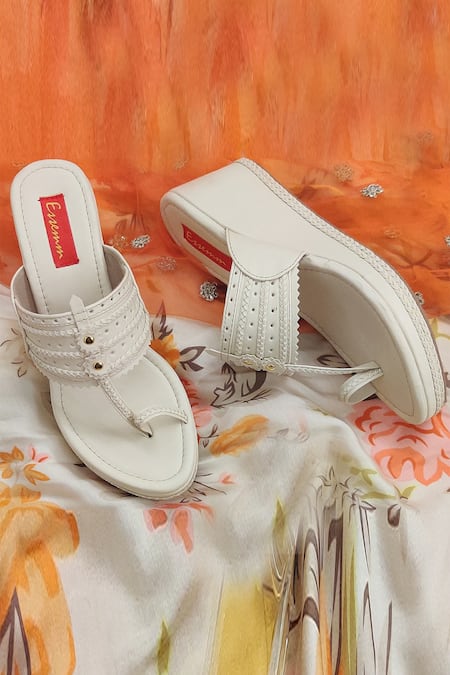 Essemm Beige Cut Work Kolhapuri Wedges